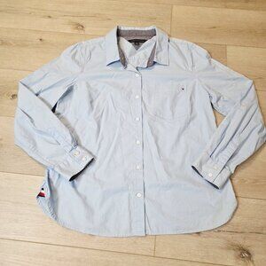 Tommy Hilfiger Shirt Womens Sz L Blue Long Sleeve Button Down Chest Pocket Flag